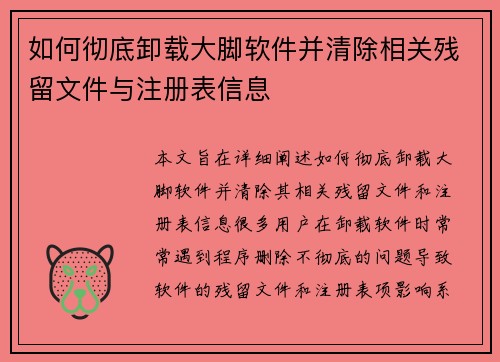 如何彻底卸载大脚软件并清除相关残留文件与注册表信息